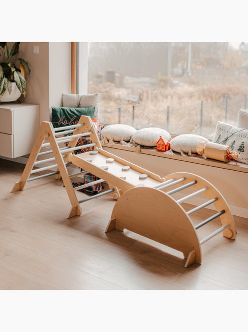 Aire de jeux évolutive bois triangle pikler arche toboggan 200x68cm pastel - Kiabi