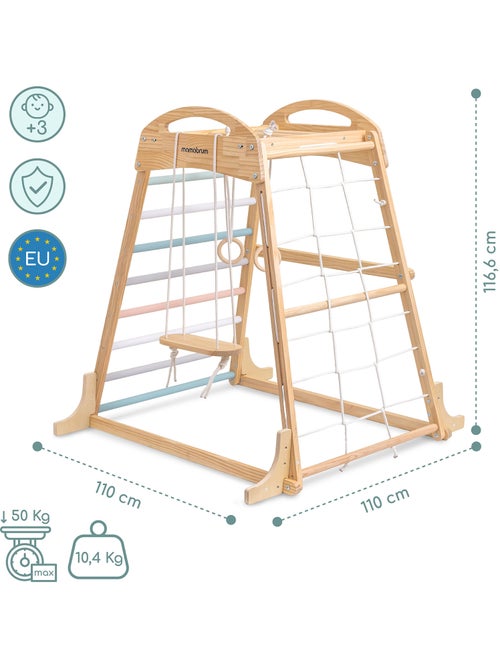 Aire de jeux intérieure bois enfants avec balançoire, anneaux gymnastique et filet – mamabrum - Kiabi Aire de jeux intérieure bois enfants avec balançoire, anneaux gymnastique et filet – mamabrum - Kiabi