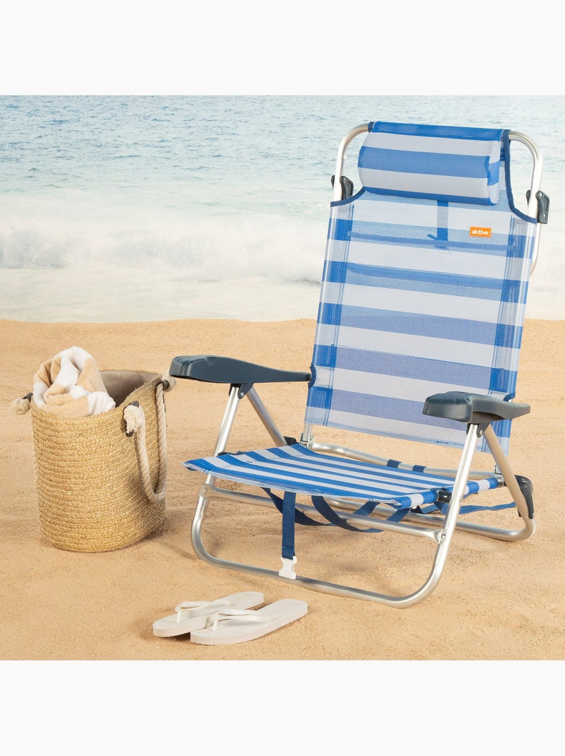 Aktive 8-standen verstelbare opklapbare strandstoel met kussen en handgrepen Blauw Wit - Kiabi