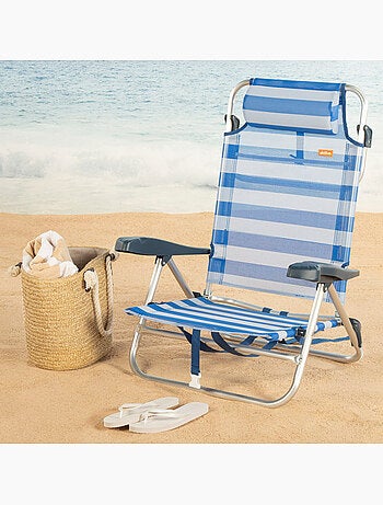 Aktive chaise de plage pliante et inclinable à 8 positions avec rayures, coussin et poignées