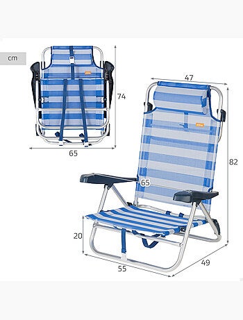 Aktive chaise de plage pliante et inclinable à 8 positions avec rayures, coussin et poignées
