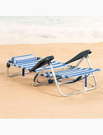 Aktive chaise de plage pliante et inclinable à 8 positions avec rayures, coussin et poignées