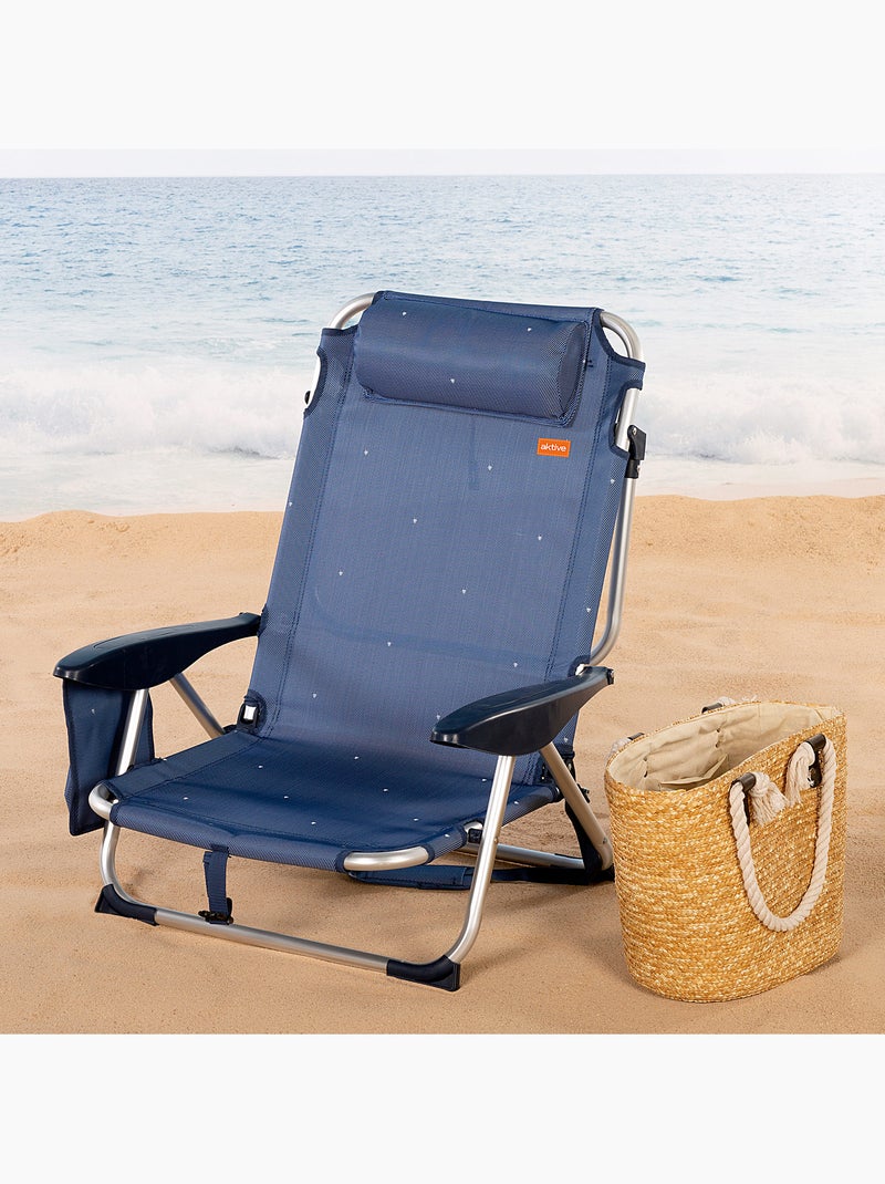 Aktive lot de 2 chaises de plage basses, 4 positions, 51x45x76 cm,, avec coussin et poche Bleu marine - Kiabi