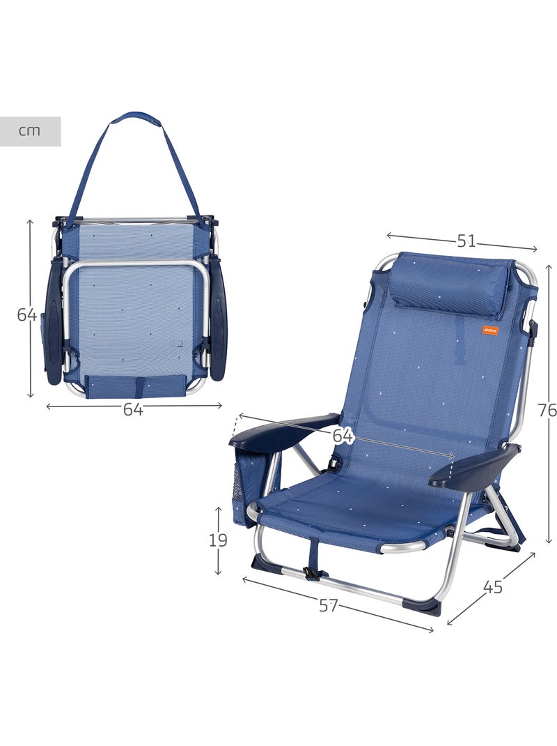 Aktive lot de 2 chaises de plage basses, 4 positions, 51x45x76 cm,, avec coussin et poche Bleu marine - Kiabi