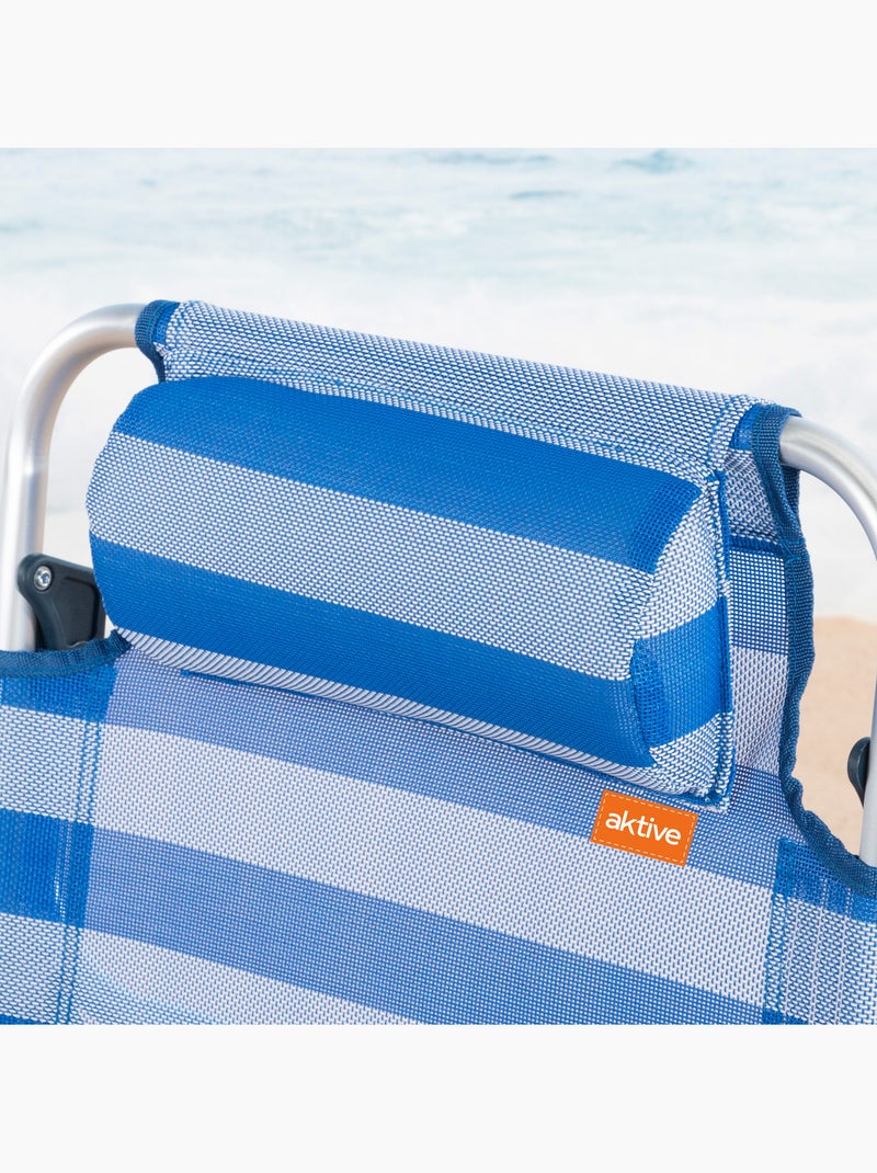 Aktive opvouwbare en verstelbare strandstoel, 8 standen, met kussen en draaghendels Blauw Wit - Kiabi