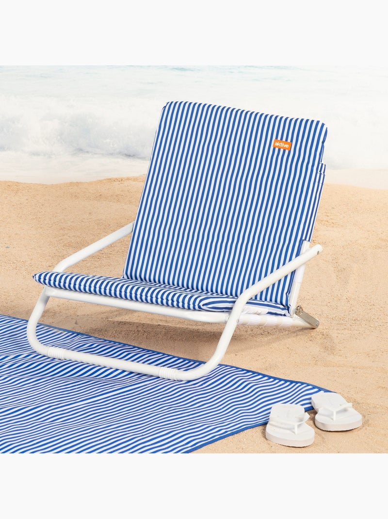 Aktive set van 2 lage strandstoelen 46x60x50 cm met nautische strepen en achterzak Blauw Wit - Kiabi