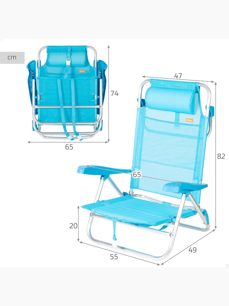 Aktive set van 2 lage, verstelbare strandstoelen 47x49x82 cm caribe Blauw - Kiabi