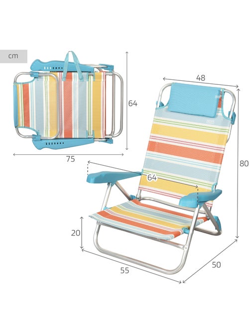 Aktive set van 2 opklapbare strandstoelen, 8 standen, 48x50x80 cm, veelkleurige strepen - Kiabi