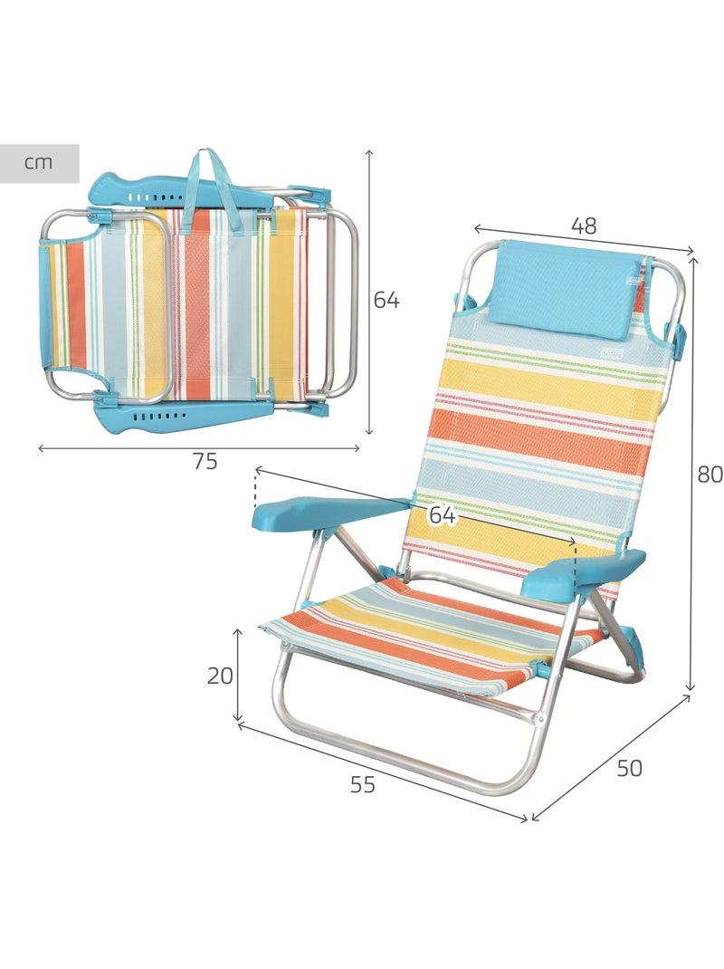 Aktive set van 2 opklapbare strandstoelen, 8 standen, 48x50x80 cm, veelkleurige strepen Multicolor - Kiabi