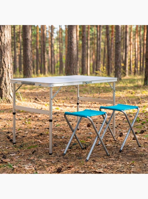 Aktive table pliante réglable en hauteur avec 2 tabourets - Kiabi Aktive table pliante réglable en hauteur avec 2 tabourets - Kiabi