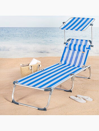 Aktive transat de plage multipositions 186 x 49 x 30 cm, style nautique, avec parasol et coussin