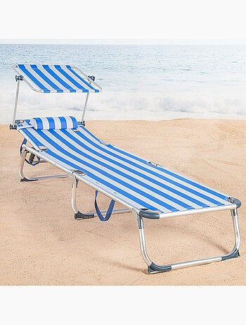Aktive transat de plage multipositions 186 x 49 x 30 cm, style nautique, avec parasol et coussin