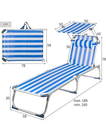 Aktive transat de plage multipositions 186 x 49 x 30 cm, style nautique, avec parasol et coussin