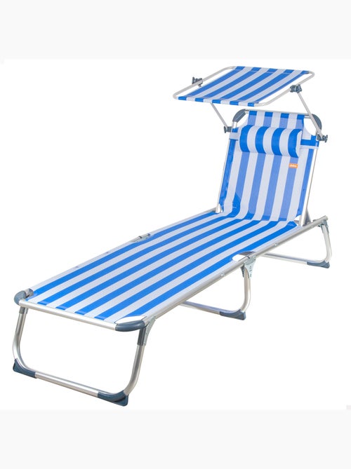 Aktive transat de plage multipositions 186 x 49 x 30 cm, style nautique, avec parasol et coussin - Kiabi Aktive transat de plage multipositions 186 x 49 x 30 cm, style nautique, avec parasol et coussin - Kiabi