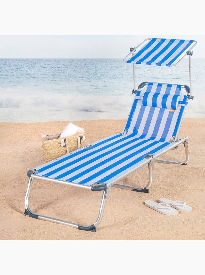 Aktive transat de plage multipositions 186 x 49 x 30 cm, style nautique, avec parasol et coussin Bleu Blanc - Kiabi