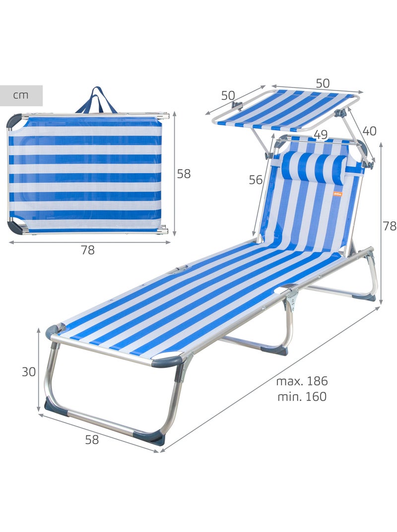 Aktive transat de plage multipositions 186 x 49 x 30 cm, style nautique, avec parasol et coussin Bleu Blanc - Kiabi