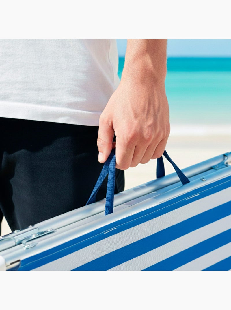 Aktive transat de plage multipositions 186 x 49 x 30 cm, style nautique, avec parasol et coussin Bleu Blanc - Kiabi
