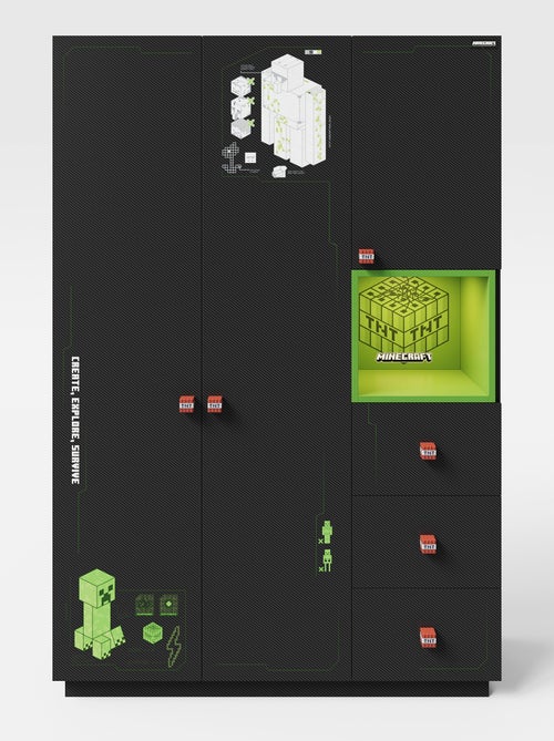 Armoire 3 portes et 3 tiroirs avec LED 'Roba' - Minecraft - Kiabi Armoire 3 portes et 3 tiroirs avec LED 'Roba' - Minecraft - Kiabi