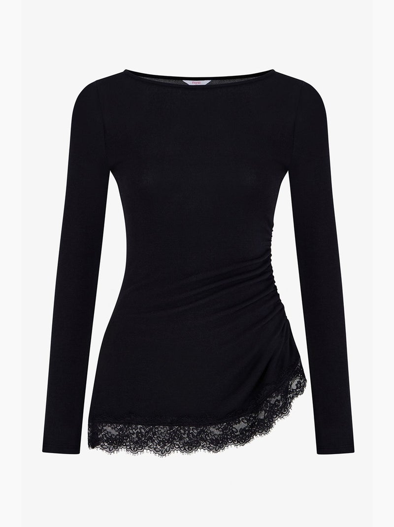 Asymmetrische blouse met kanten detail en lange mouwen penti Zwart - Kiabi