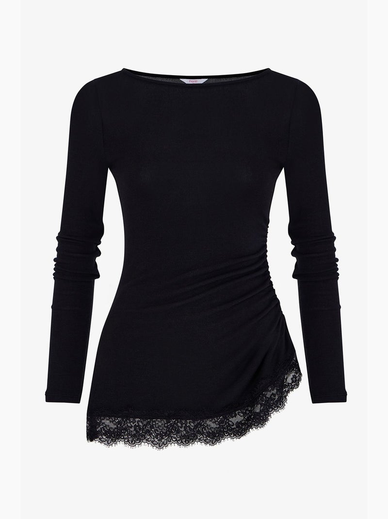 Asymmetrische blouse met kanten detail en lange mouwen penti Zwart - Kiabi
