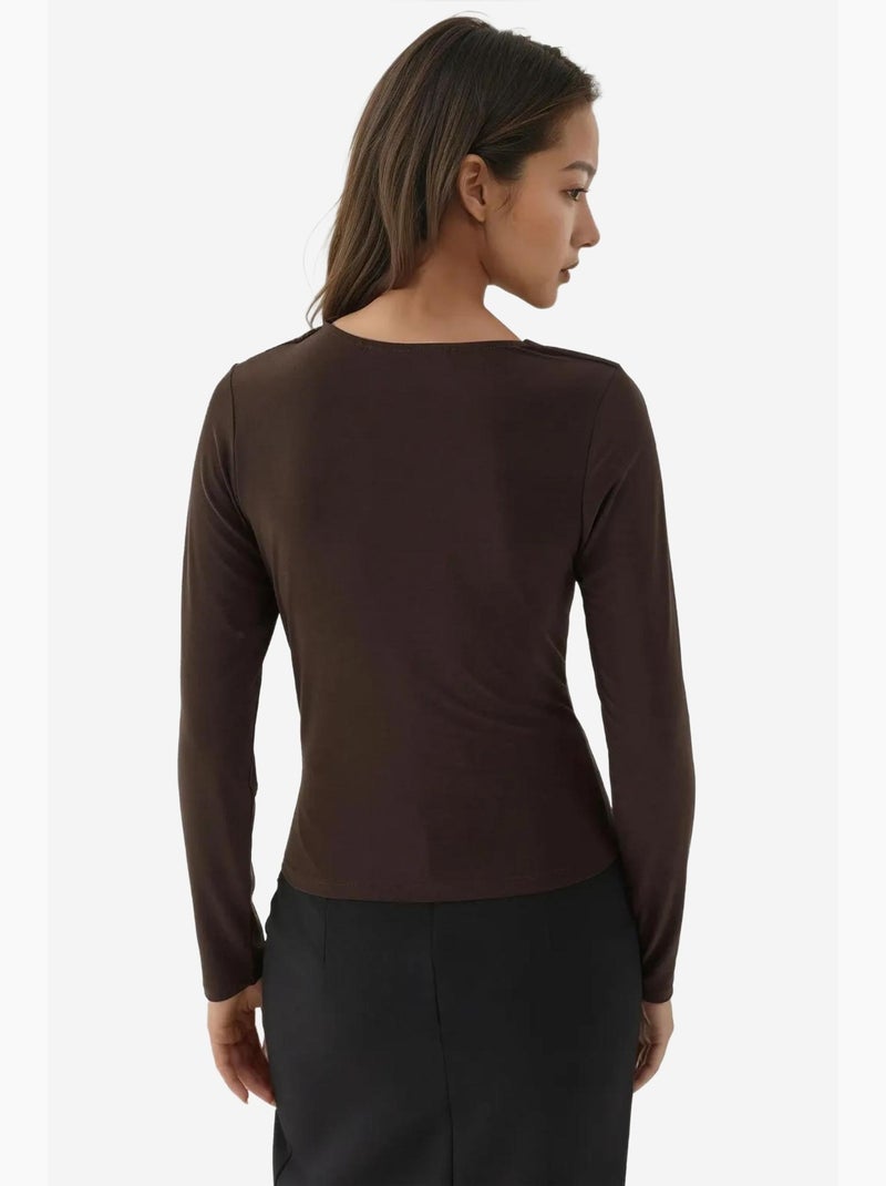 Asymmetrische kraag en gebreide top met lange mouwen hiccup Donkerbruin - Kiabi