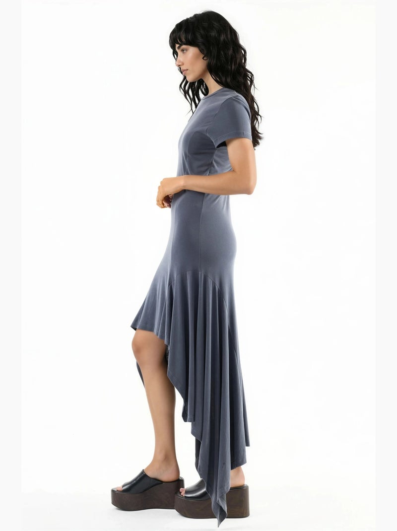 Asymmetrische midi-jurk met ronde hals busem Donkergrijs - Kiabi