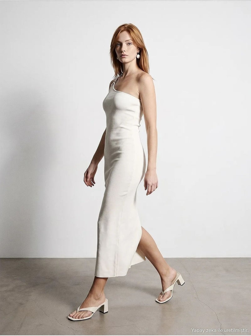 Asymmetrische midi-jurk van ribtricot, één schouder dilvin Gebroken wit - Kiabi