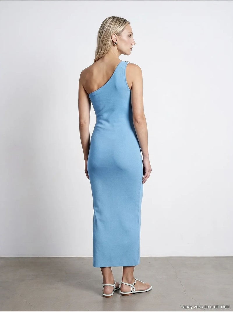 Asymmetrische midi-jurk van ribtricot, één schouder dilvin Hemelsblauw - Kiabi