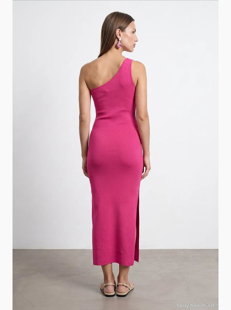 Asymmetrische midi-jurk van ribtricot, één schouder dilvin Magenta - Kiabi