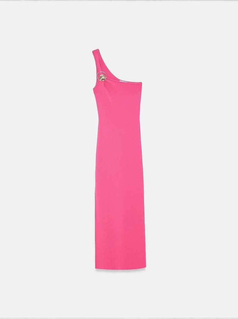Asymmetrische midi-jurk van ribtricot, één schouder dilvin Magenta - Kiabi