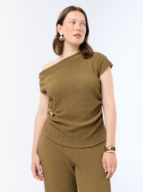 Asymmetrische top van crinkle-stof met goudkleurig sieraad - Kiabi