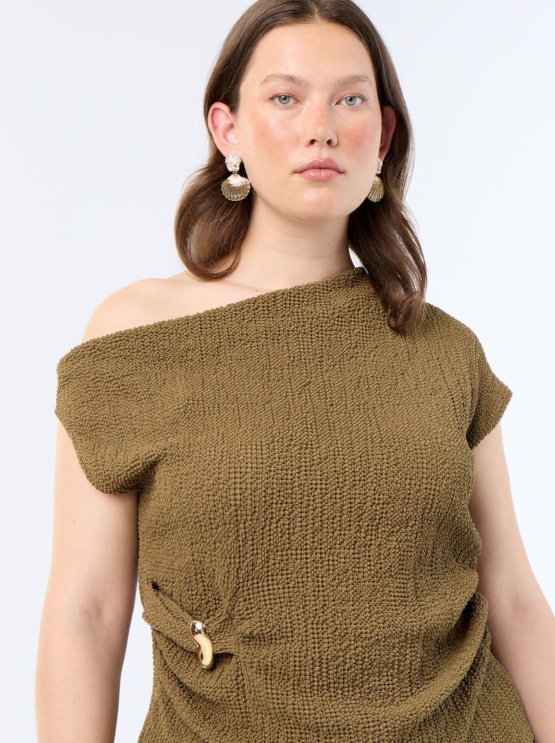 Asymmetrische top van crinkle-stof met goudkleurig sieraad Kaki - Kiabi