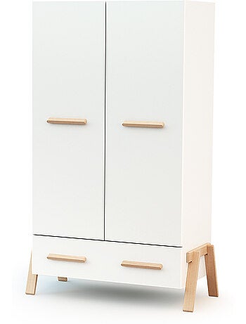 At4 - armoire enfant 2 portes en bois canaille blanc et hêtre 108 x 53 x176 cm