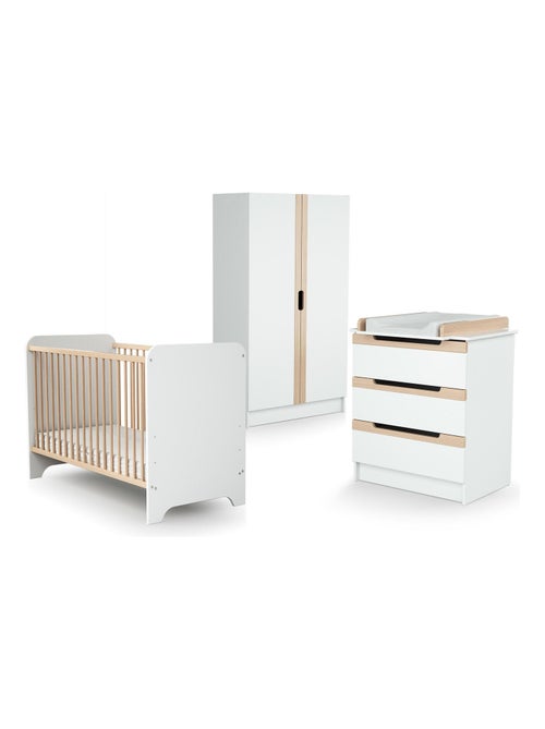 At4 - babyslaapkamer met bed, luiertafel en kledingkast carrousel in hout wit en beuken - Kiabi