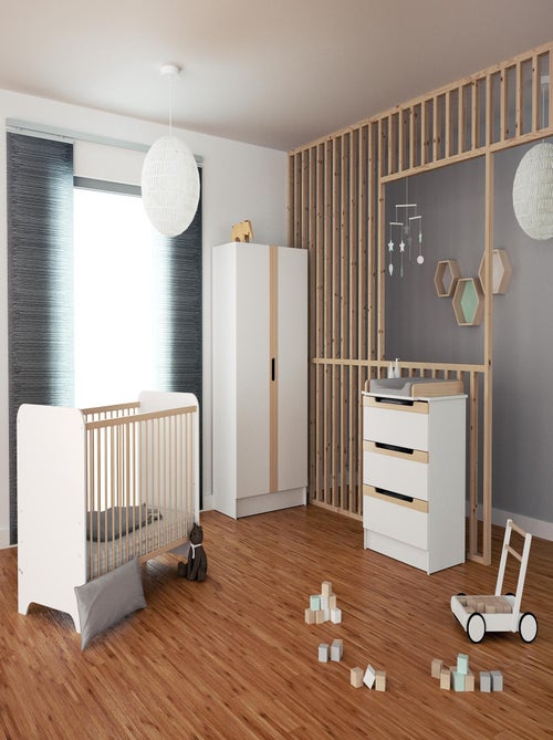 At4 - babyslaapkamer met bed, luiertafel en kledingkast carrousel in hout wit en beuken - Kiabi
