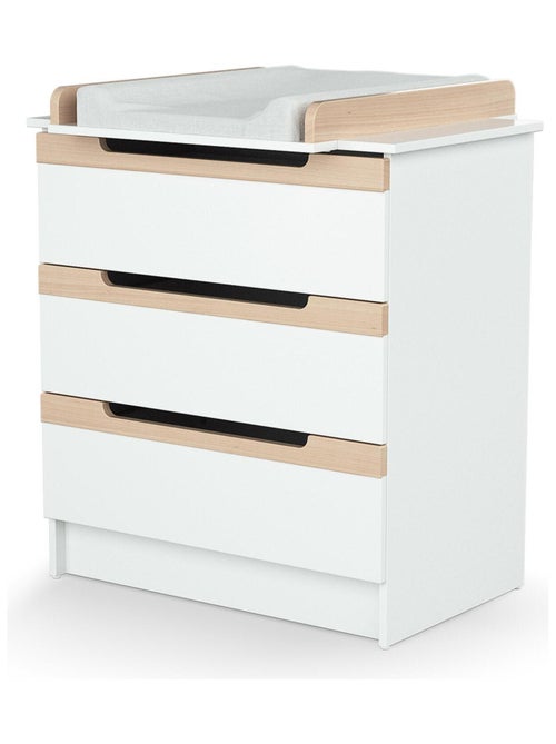 At4 - babyslaapkamer met bed, luiertafel en kledingkast carrousel in hout wit en beuken - Kiabi