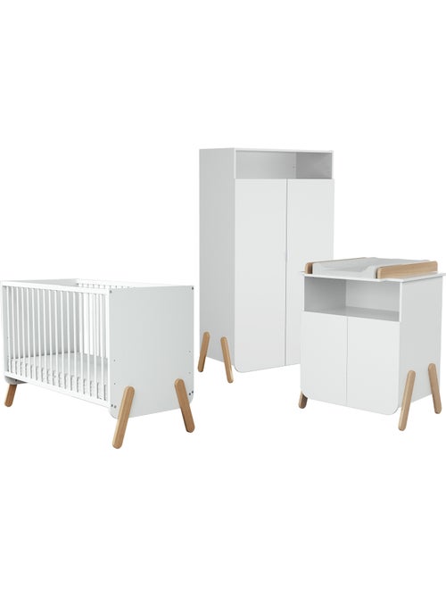 At4 - babyslaapkamer met bed, luiertafel en kledingkast pirate in hout wit en beuken - Kiabi