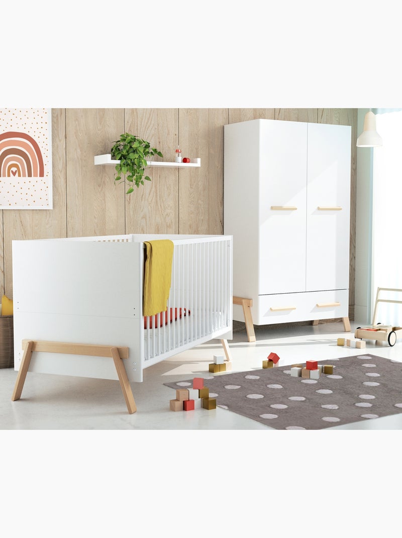 At4 - chambre bébé lit, commode à langer 3 tiroirs + armoire en bois Beige/Blanc - Kiabi