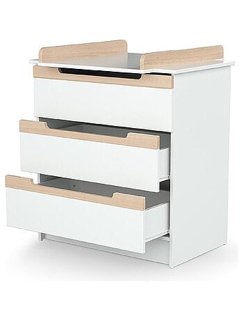 At4 - commode à langer 3 tiroirs en bois carrousel blanc et hêtre verni