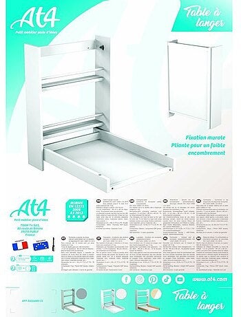 At4 - inklapbare luiertafel aan de muur eazy in hout wit