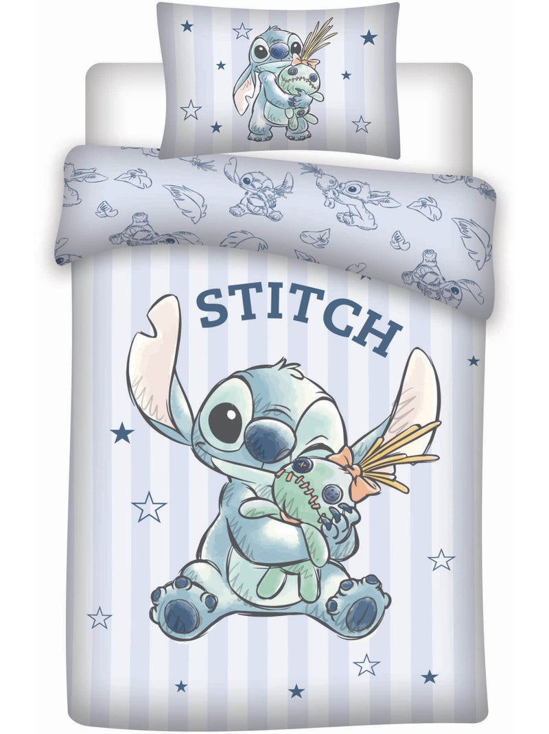 Baby Beddengoed Disney Stitch 100x140cm + Kussensloop 40x60cm – Zachte Blauwe Strepen – 100% Katoen Beige/Groen/Blauw - Kiabi
