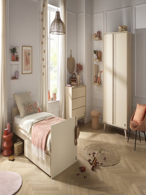 Babybed 120x60 om te bouwen tot 90x190 met imitatiehouten paneelhoofden - Kiabi Babybed 120x60 om te bouwen tot 90x190 met imitatiehouten paneelhoofden - Kiabi