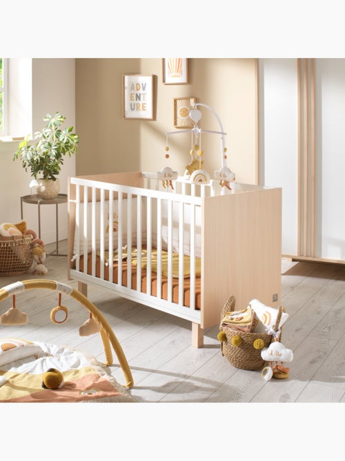 Babybedje 120x60 met poten in velours eikenhoutmotief en witte balusters - Kiabi Babybedje 120x60 met poten in velours eikenhoutmotief en witte balusters - Kiabi