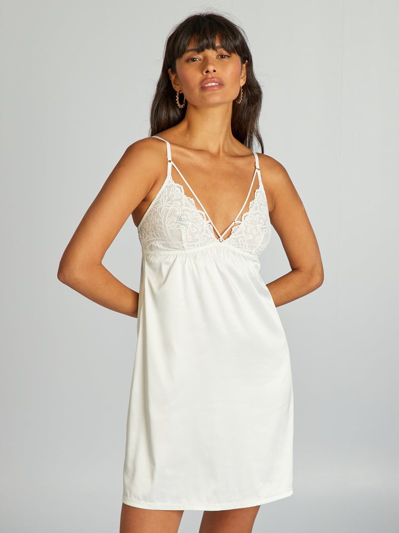 Babydoll van microvezel met satijnglans en kant WIT - Kiabi