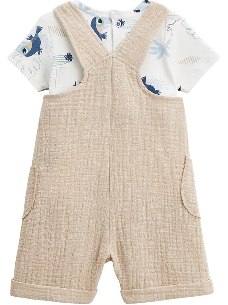 Babyoveralls set van katoenen gaas en een T-shirt met toekanprint. Zandbeige - Kiabi