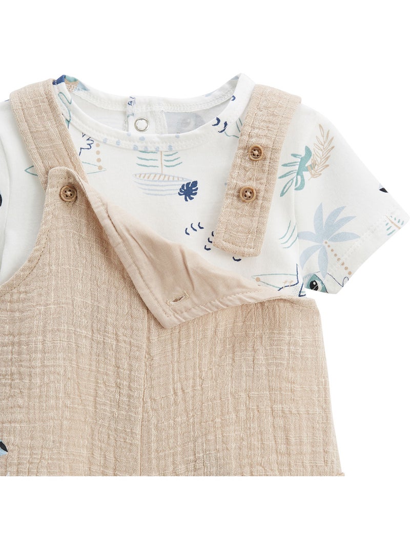 Babyoveralls set van katoenen gaas en een T-shirt met toekanprint. Zandbeige - Kiabi