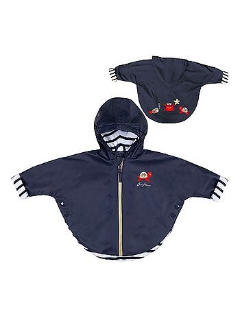 Babyregenjas met capuchon 'Breizh Ocean', gestreepte binnenponcho met borduurwerk