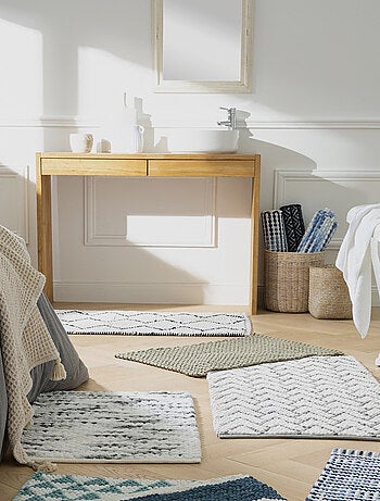 Badmat decoratief chevron polycotton ecru en grijs 1 cm antislip - Guy Levasseur