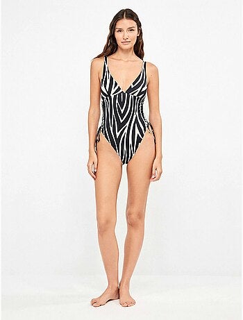 Badpak met diepe halsuitsnijding in dierenprint zebra