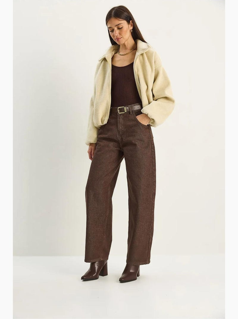 Baggy denim broek met hoge taille lucci Chocoladebruin - Kiabi